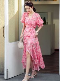 summer sweet Womens OL 2 Pieces V-neck puff sleeve flower print Tops + High waist irregular skirt suit 210531