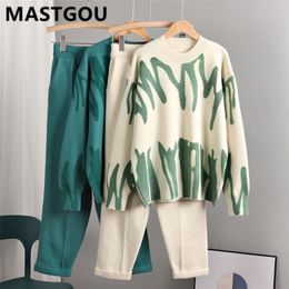 MASTGOU Cashmere Women Sweater Tracksuits Tie Dye Knit Two Pieces Pencil Pants Sets Oversized Loose Sweaters Suits Clothing 220315