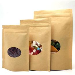 Kraft Paper Bags Stand-up Reusable Sealing Food Pouches Fruit Tea Gift Package Empty Storage Bags with Transparent Window