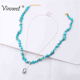 Bohemian Multilayer Necklace Blue Turquoises Red Coral Stone Handmade Necklaces for Women Shell Pendant Necklace Party Jewellery G1206