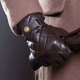 Solid Genuine Leather Gloves Fashion Mens Wrist Real Winter Thicken Plus Velvet Warm Touch
