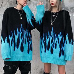 Hip Hop Sweater Pullover Men Women Blue Fire Flame Knitted Oversized Sweater Harajuku Streetwear Tops Casual Couple Sweater 2021 X0721