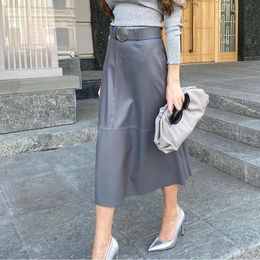 Autumn PU Leather Patchwork Women's Skirts High Waist Zipper Female Mid Length Skirt Solid Simple A-Line Casual Ladies Bottoms 210309