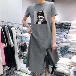 Summer Cartoon Women Dress Short Sleeve Printed O-Neck Medium Long Black Plus Size Dresses Female Casual Clothes Vestidos 210309