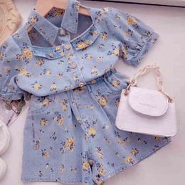 Summer Girls' Clothing Sets 2022 New Korean Version Girl Flower Short-Sleeved Printed Denim Jacket+Denim Shorts Baby Kids Suits Y220310