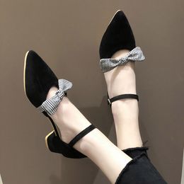 2020 Summer Women Sandals Ankle Strap Dress Shose Plaid Butterfly Knot High Heels Pointed Toe Pumps mujer Black 8016N