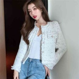 Autumn women Tweed Jacket high quality Small Fragrance Pearl single breasted Women Korean Short Elegant Coat 210922