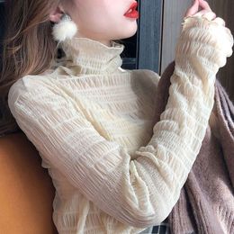 autumn winter women blouse shirt korean style design sense half-collar lace mesh bottoming tops pleated retro sexy clothes 42