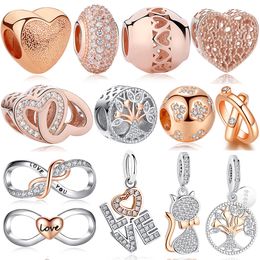 ELESHE 925 Sterling Silver Charm Bead BFF Family Tree Infinity Love Rose Gold Dangle Charms Fit Original Bracelets DIY Jewelry Q0531