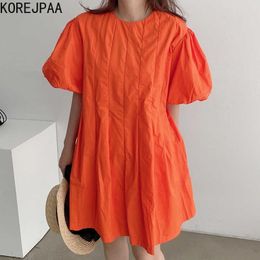 Korejpaa Women Dress Summer Korean Chic Girls Age-Reducing Solid Color Round Neck Pleated Design Loose Puff Sleeve Vestidos 210526