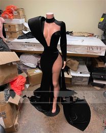 Sexy Arabic Aso Ebi 2021 Black Velvet Mermaid Prom Dresses High Split Formal Party Second Reception Gown Plus Size
