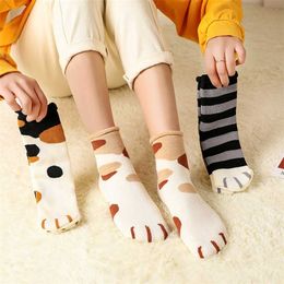 6 Pairs Happy Gift Casual Socks For Women Funny Cartoon Cute Cat Paw Socks Harajuku Pack Ladies Winter Cotton Sets Crew Socks 211221