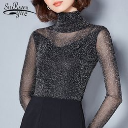 2021 Spring New Arrival Women Long Sleeve Mesh Top Shirt Solid Color Blouse Turtleneck Slim Sexy Lace Top Blusas 562C 30 210225
