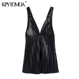 KPYTOMOA Women Fashion Faux Leather Pleated Mini Pinafore Skirt Vintage V Neck Wide Adjustable Straps Female Skirts Mujer 210309
