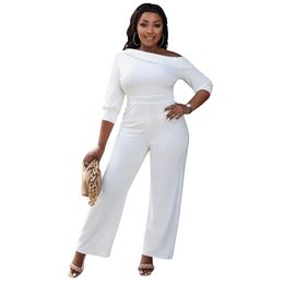 Womens Oblique One Shoulder Rompers Designer Spring Solid Long Sleeve One Piece Jumpsuits Fashion Wide Leg Pant Straight Playsuit For Ladies