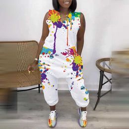 Women Fashion Casual Sleeveless Jumpsuits Overalls V Neck Pocket Design Print Jumpsuit 210716