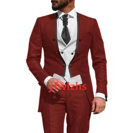 Custom-made Double-Breasted Groomsmen Collarless Groom Tuxedos Men Suits Wedding/Prom/Dinner Man Blazer(Jacket+Pants+Tie+Vest) W976