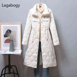Lagabogy Winter Ultra Light 90% White Duck Down Coat Women Long Single Breasted Parkas Female Slim Warm Waist Puffer Jacket 211130