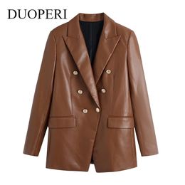 DUOPERI Fashion Faux Leather Blazer Women Elegant Long Sleeves Double breasted Office Lady Suit Female veste femme 211122