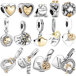 925 sterling silver round beaded golden heart pendant suitable for Pandora bracelet DIY fashion jewelry