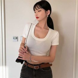 WOMENGAGA Korea Summer Large U-neck Short Sleeve T-shirt Women's Body Navel Solid Color Top Tees Sexy 4KKX 210603