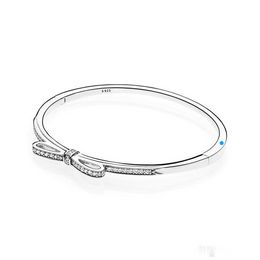 Arrival 925 Sterling Silver Sparkling Bow Bangle Bracelet Original Box for Diamond Women Weddnig Gift Jewellery Set