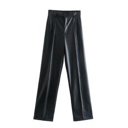 TRAF Faux Leather Pant Za Black High Waist Woman Trousers Autumn Fashion Streetwear Wide Leg Loose s 220115