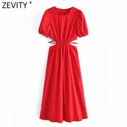 Zevity Women Chic Fashion Hollow Out Poplin Midi Dress Vintage Elastic Waist Backless Tied Straps Female Dresses Vestidos DS8295 210603