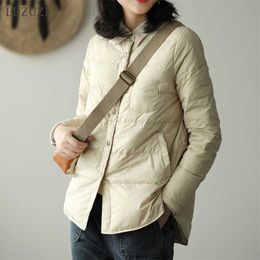 LUZUZI Autumn Winter Women Lapel Collar Down Coat Ultra Light 90% White Duck Jacket Single Breasted Windproof Parkas 211018