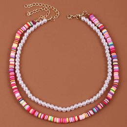 2 Pcs/Set Women's Boho Fashion Multicolor Polymer Clay Chain Necklaces Ladies Trendy White Pearl Necklace Party Jewellery Gifts