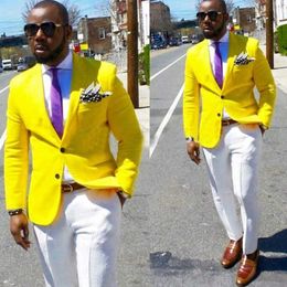 Yellow Slim fit Casual Prom Men Suits with White Pants 2020 Two piece Man Fashion Groomsmen Tuxedo Blazer Wedding Costume X0909