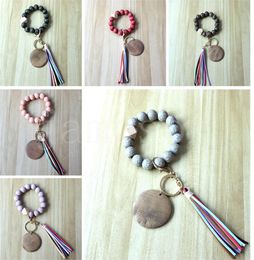 Leather tassel bracelet key ring chains wooden beaded wristlet bangle carved bead elastic wrist bands charm dd888