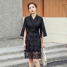 Women Fashion Sequin Embroidery Tassels Black Mini Dress Summer Notched Collar Half Sleeve Elegant Party Dresses Vestidos 210603