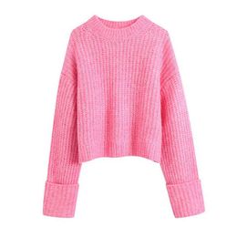 Evfer 2021 Spring Autumn Girls Casual O-Neck Long Sleeve Pink Sweater Womens Fashion Thicken Cuff Short Knitted Za Chic Pullover Y1110