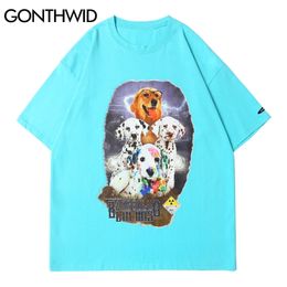 Tees Shirts Harajuku Dogs Animal Print Short Sleeve Tshirts Hip Hop Casual Streetwear Mens Fashion Cotton Tops 210602