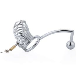 Male Chastity Belt Cage Stainless Steel Fetish Penis Cock Lock Cages Device with Anal Plug Sex Toys for 18+ Gay