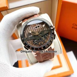 New Executive El Toro Perpetual Calendar GMT 322-00-3 Automatic Mens Watch Brown Dial Brown Rubber Strap Rose Gold Gents Watches