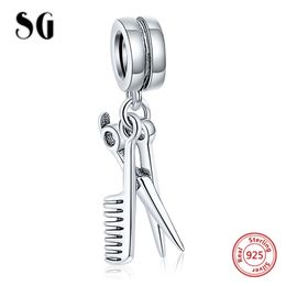 Fit Original Pandora Charms 925 Silver Bracelet Hairdressing Tools Scissors and Comb Jewellery for Women and Man Gift Q0531