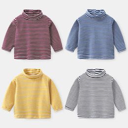 Spring Autumn Winter 2-10 Years Children's Cotton High Neck Long Sleeve Basic Turtleneck Striped T-Shirt For Kids Baby Boy 210529