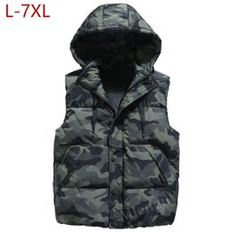 Spring Winter Men Plus Large Size 6xl 7xl Vest Hat Detachable Camouflage Sleeveless Jackets Warm Parka for Men Unisex Waistcoat 211120