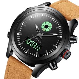 Fashion Dual Display Men's Quartz Electronic Watch Leather Wristband Luminous Display Water-proof Sports Digital Men's Watches G1022