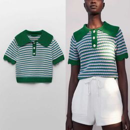 Za Vintage Striped Knit Shirt Women Short Sleeve Polo Neck Jewel Button Summer Top Female Chic Slim Green Knitted Shirts 210602