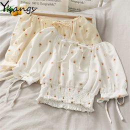 White Daisy Flower Print Cropped Blouse Elastic Waist Slim Bow Tied Strap Sweet Top Women Summer Wild Candy Colour Corset 210619