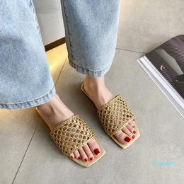 Slippers Weave Flat Women Open Toe Slides Summer Outdoor Breathable Sandals 2021 Black Gold Silver