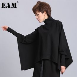[EAM] Loose Fit Black Asymmetrical Oversized Sweatshirt New Turtleneck Long Sleeve Women Big Size Fashion Tide Spring OA869 201102