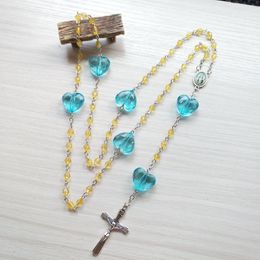 Yellow Crystal Rosary Necklace Blue Heart Jesus Cross Pendant Religious Jewellery For Women