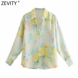 Zevity Women Vintage Tie Dyed Printing Casual Smock Blouse Office Ladies Long Sleeve Breasted Shirt Chic Blusas Tops LS9007 210603