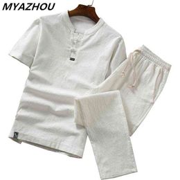 High quality cotton and linen thin linen set, slim solid Colour short-sleeved T-shirt large size loose casual breathable trousers G1222