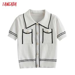 Tangada Korea Chic Women Pocket Summer Thin Sweater Short Sleeve Ladies Knitted Jumper Tops AI80 210609