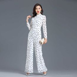 Jumpsuit for Women Autumn Party Long Sleeve Dot Chiffon High Street Elegant Full Length Wide Leg Rompers Plus Size 3XL 4XL 210625